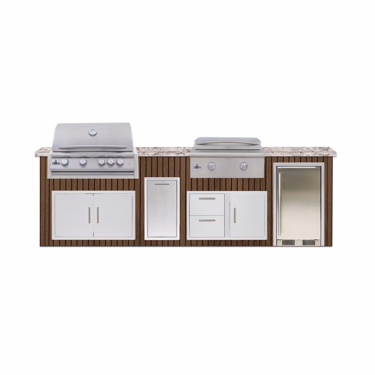 BBQGuys Signature 10 Ft Outdoor Kitchen Island w/ 32-in Natural Gas Blaze LTE+ Grill & Griddle, 15-in Refrigerator & Narrow Trash Bin | Toffee w/ White Valley Granite