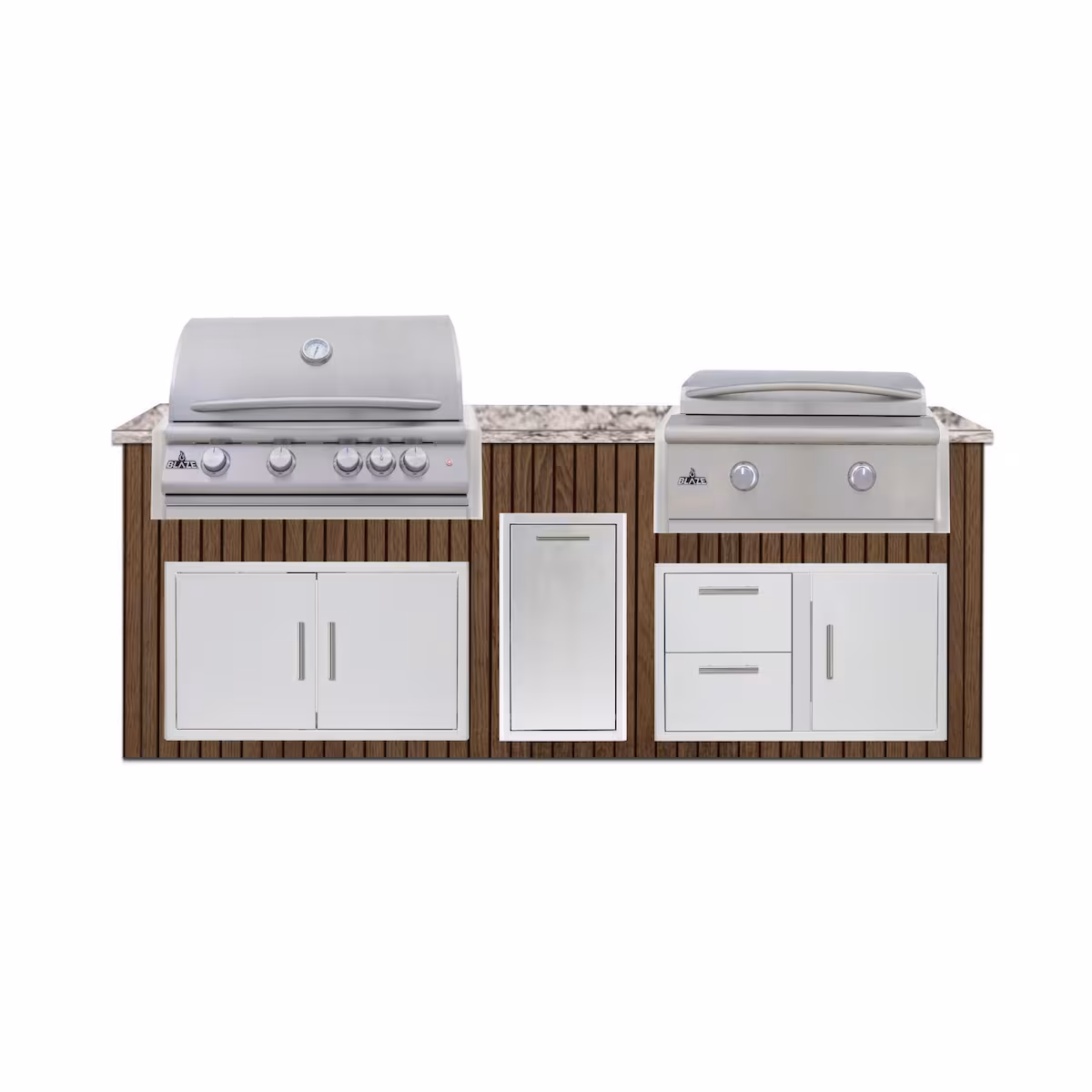 BBQGuys Signature 8 Ft Outdoor Kitchen Island w/ 32-in Blaze LTE+ Natural Gas Grill & Griddle & Narrow Trash Bin | Toffee w/ White Valley Granite