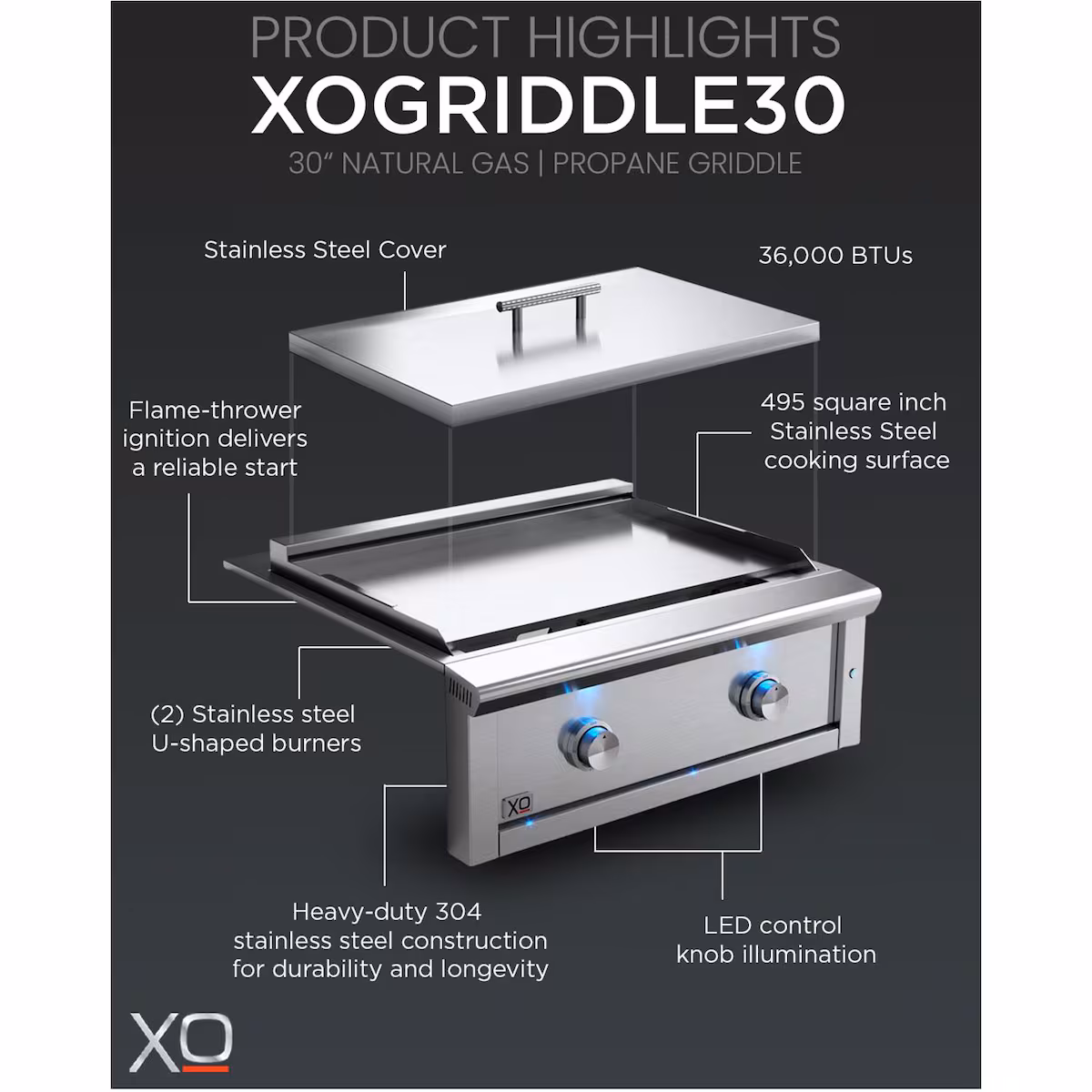 XO Pro-Grade 30-in 2 Burner Built-In Natural Gas Flat Top Grill - Image 6