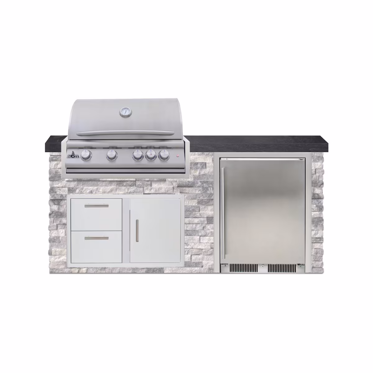 BBQGuys Signature 6 Ft Outdoor Kitchen Island w/ 32-in Natural Gas Blaze LTE+ Grill & Refrigerator | Alaska Gray w/ Black Granite