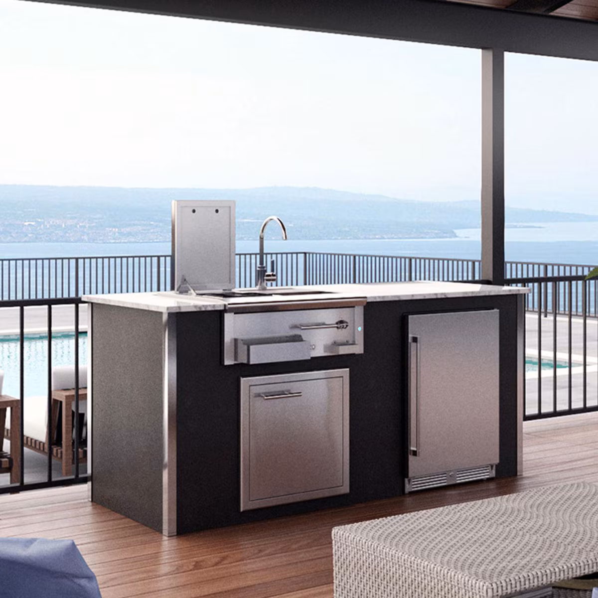 XO Designer 7 Ft Outdoor Kitchen Island w/ Cocktail Pro Station, Single Door, & Outdoor Refrigerator in White - Image 2