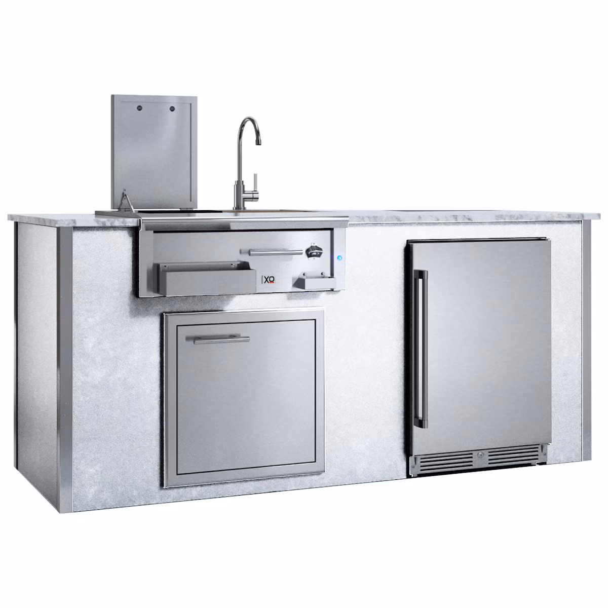 XO Designer 7 Ft Outdoor Kitchen Island w/ Cocktail Pro Station, Single Door, & Outdoor Refrigerator in White