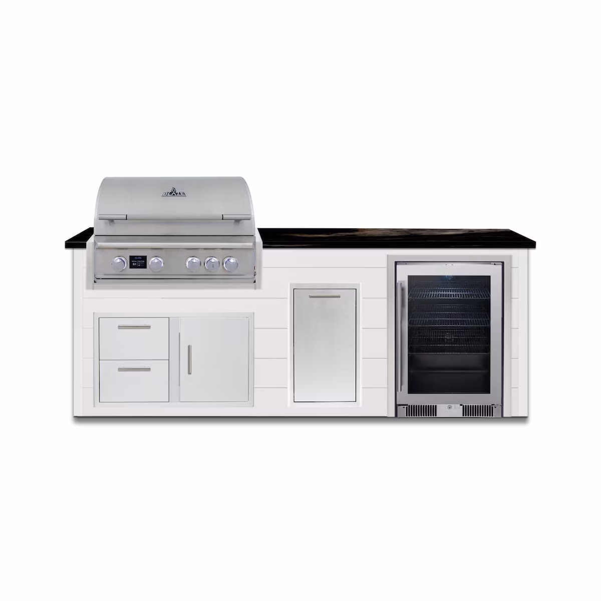 BBQGuys Signature 8 Ft Outdoor Kitchen Island w/ 32-in Natural Gas Blaze LTE PRO Grill, Beverage Center & Narrow Trash Bin | Crystal White w/ Nero Mist Granite