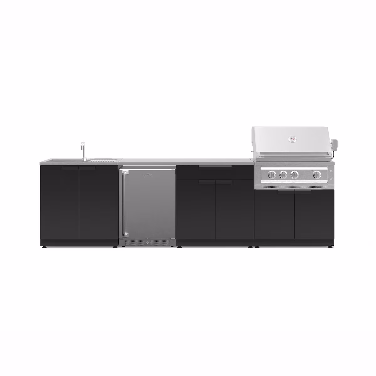 NewAge Products Classic Series 10 Ft Outdoor Kitchen Island w/ 33-in Natural Gas Grill, Sink, Refrigerator, Trash Bin, Door & Drawer in Matte Black/Stainless Steel