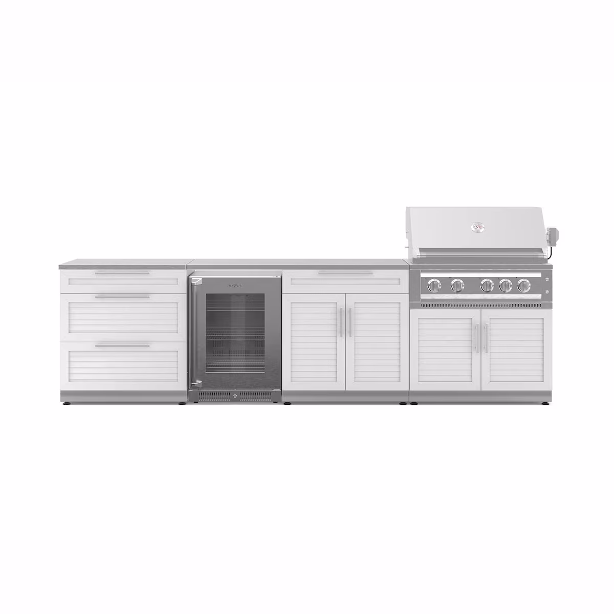 NewAge Products Classic Series 10 1/2 Ft Outdoor Kitchen Island w/ 36-in Natural Gas Grill, Glass Door Refrigerator, Trash Bin, Door & Drawer in White/Stainless Steel