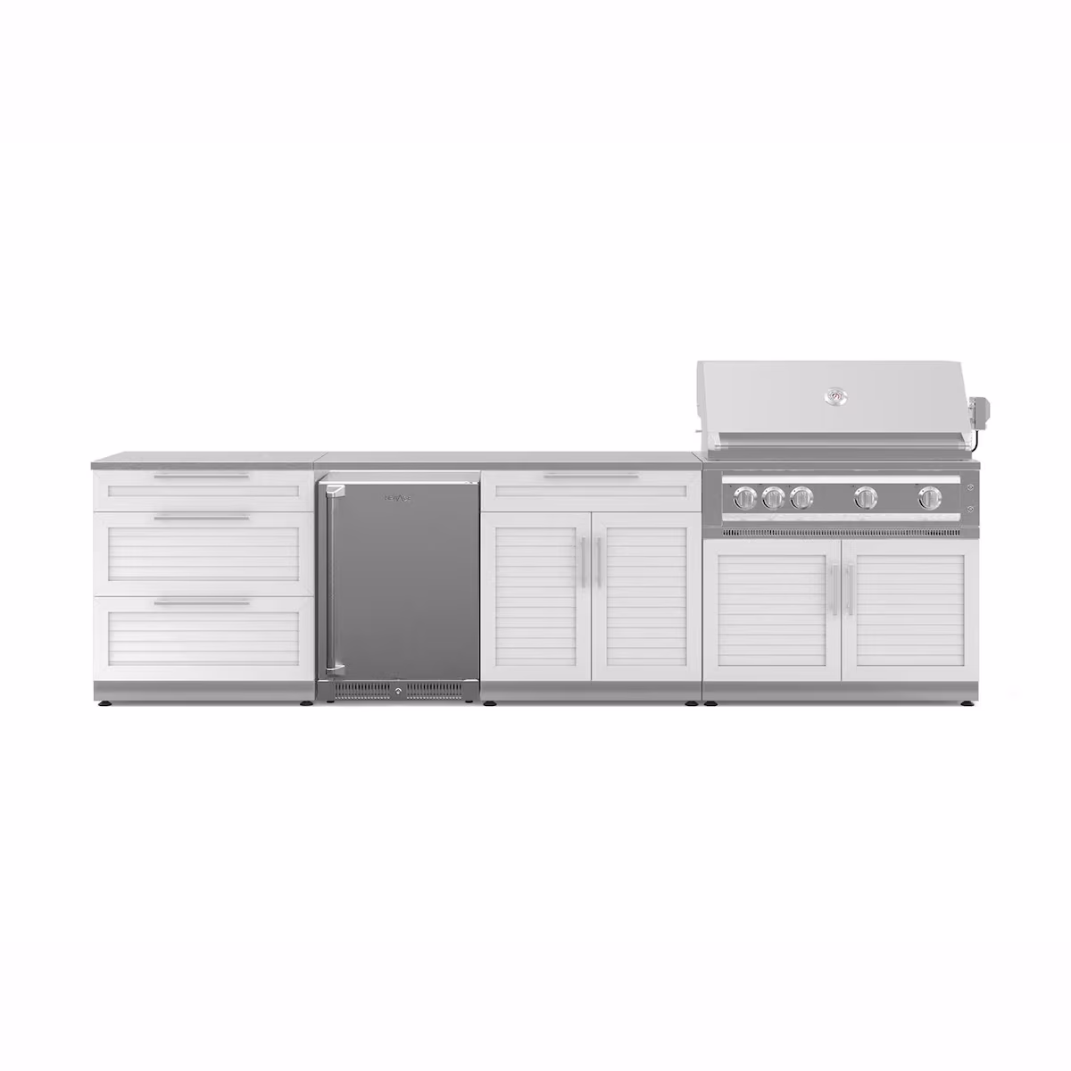 NewAge Products Classic Series 10 1/2 Ft Outdoor Kitchen Island w/ 40-in Natural Gas Grill, Refrigerator, Trash Bin, Door & Drawer in White/Stainless Steel