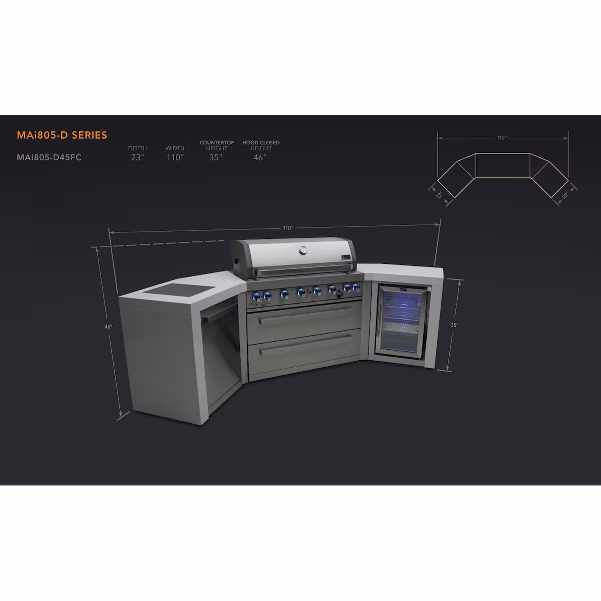 Mont Alpi Deluxe Series 9.5 Ft U-Shaped Propane Outdoor Kitchen Island w/ Side Burner & Fridge - MAi805-D45FC - Image 3