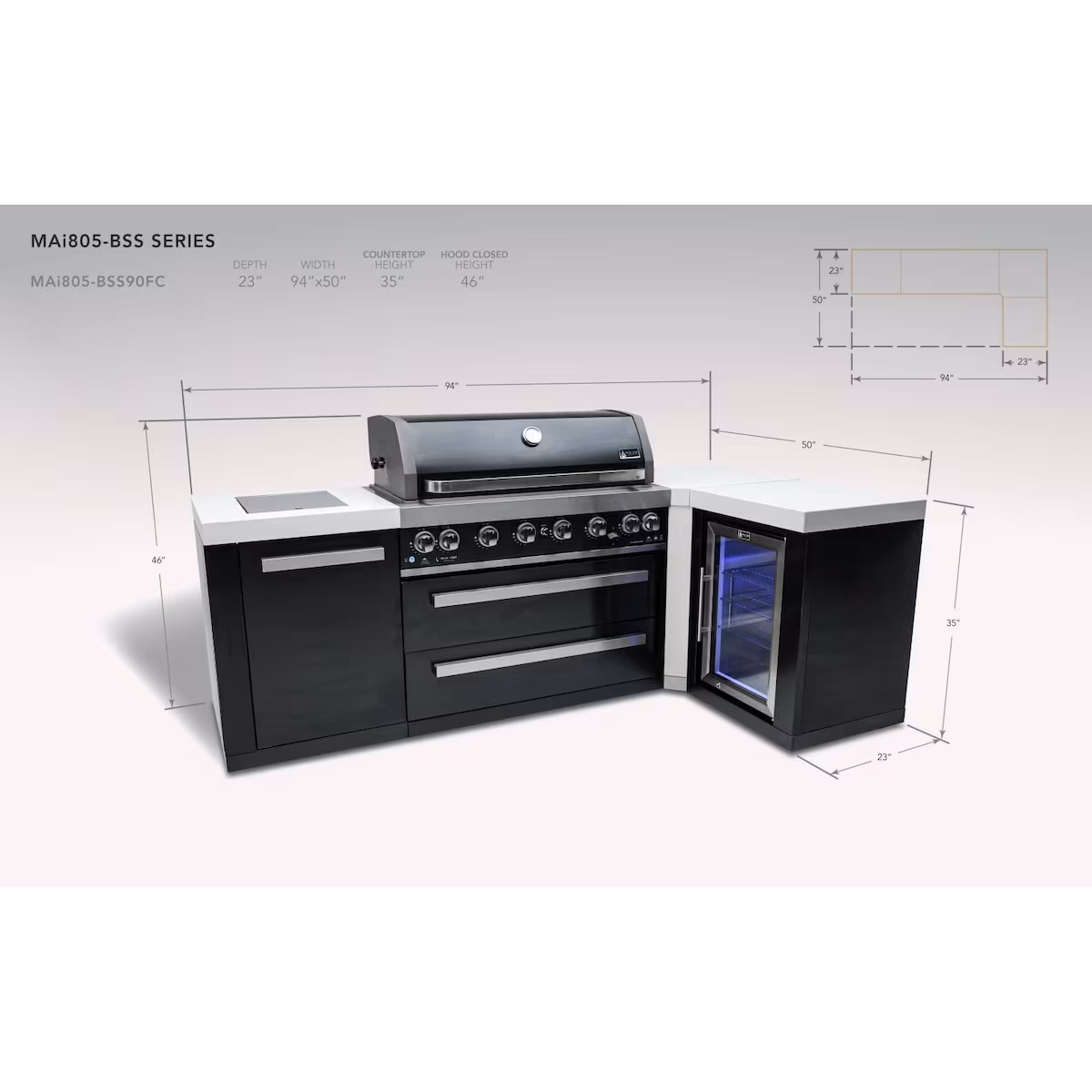 Mont Alpi Black Series 8.5 Ft L-Shaped Propane Outdoor Kitchen Island w/ Side Burner & Fridge - MAi805-BSS90FC - Image 4