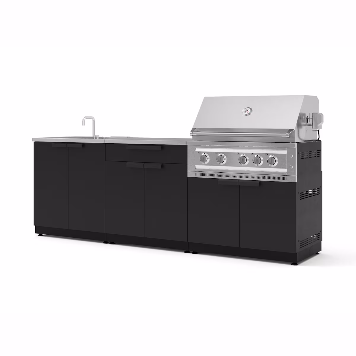 NewAge Products Classic Series 8 1/2 Ft Outdoor Kitchen Island w/ 36-in Natural Gas Grill, Sink, Trash Bin, Door & Drawer in Matte Black/Stainless Steel