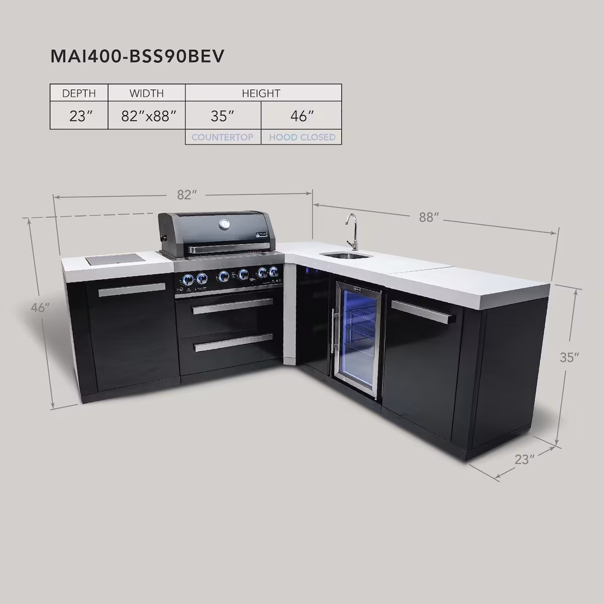 Mont Alpi Black Series 10 1/2 Ft L-Shaped Propane Outdoor Kitchen Island w/ Side Burner & Beverage Center - Image 2