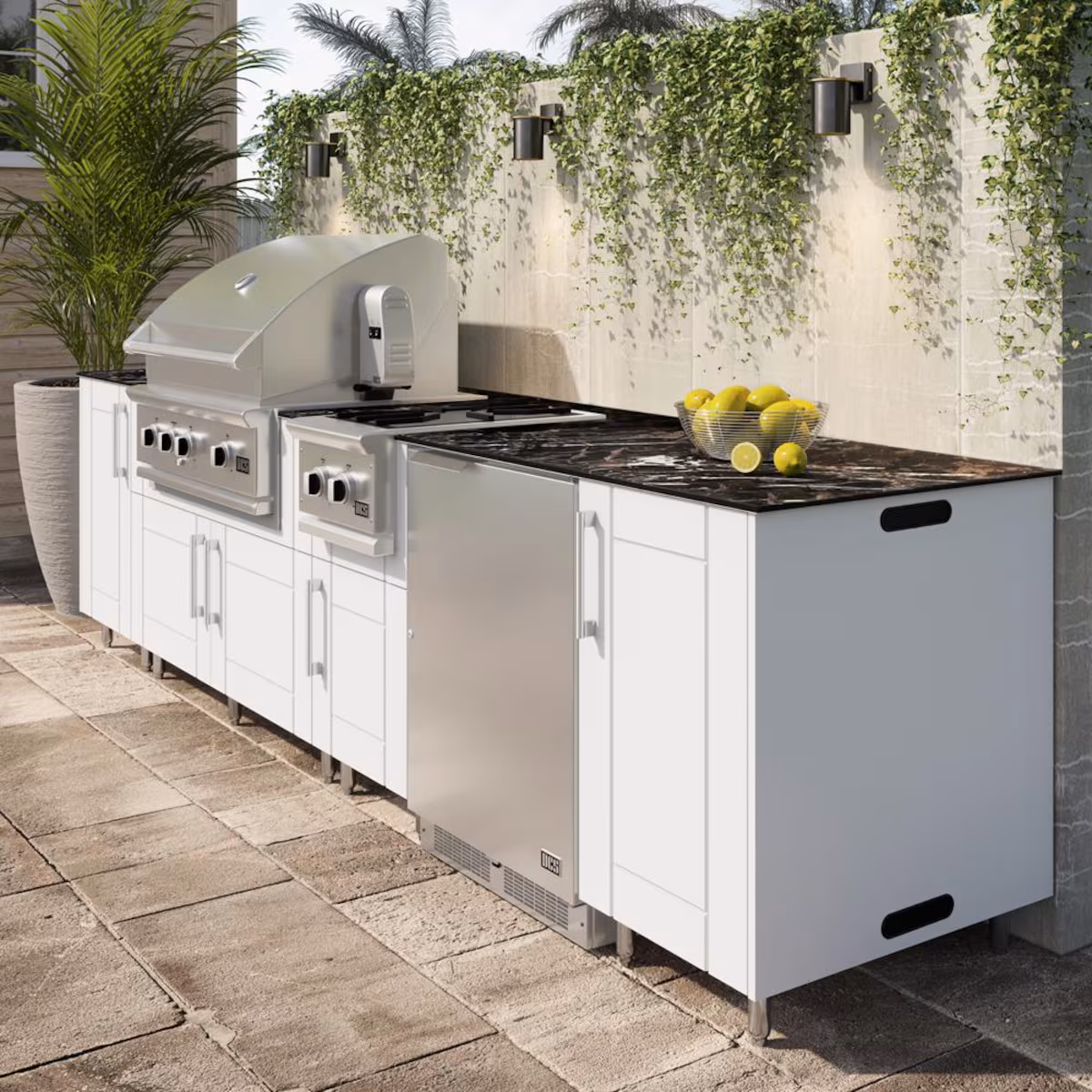 WeatherStrong Nassau 10 1/2 Ft Outdoor Kitchen Island w/ Lynx Natural Gas Grill, Side Burner & Refrigerator in Shell White/Midnight Ice - Image 4
