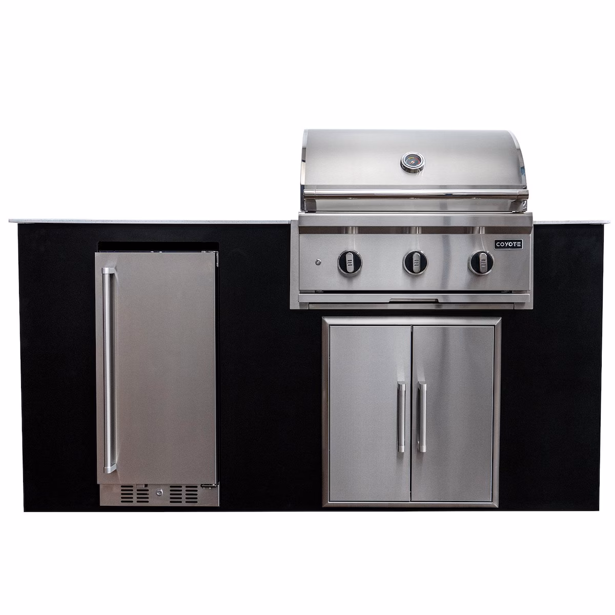 Coyote Key 6 Ft Outdoor Kitchen Island w/ C-Series 30-in 3-Burner Built-In Natural Gas Grill, Insulated Jacket, Refrigerator & Access Door