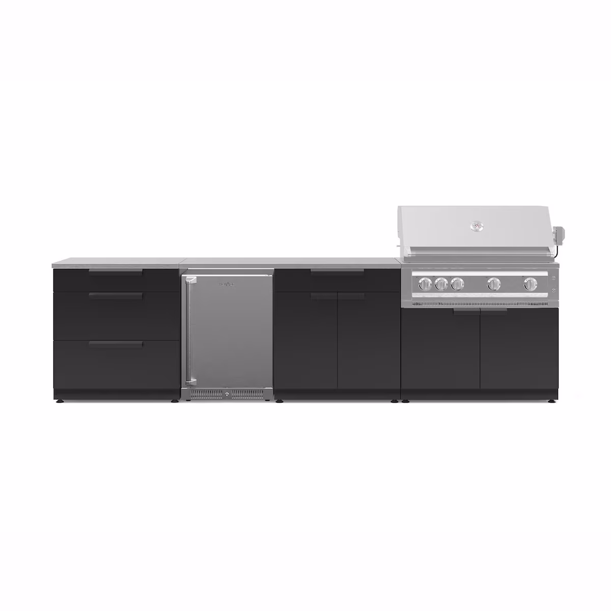 NewAge Products Classic Series 10 1/2 Ft Outdoor Kitchen Island w/ 40-in Natural Gas Grill, Refrigerator, Trash Bin, Door & Drawer in Matte Black/Stainless Steel