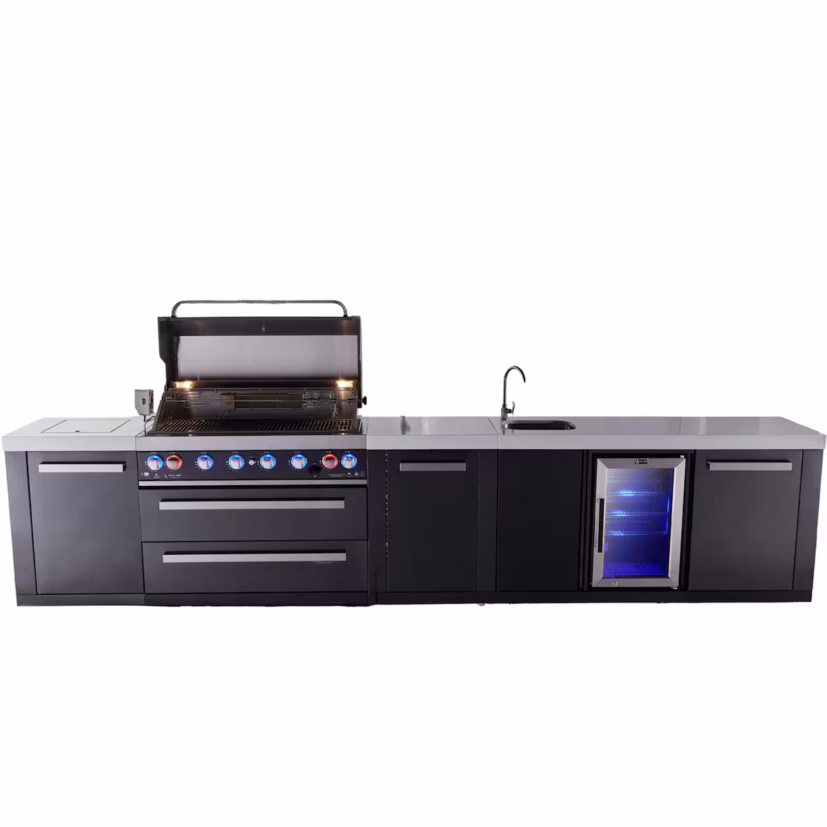 Mont Alpi Black Series 13 Ft Propane Outdoor Kitchen Island w/ 44-in Grill, Side Burner, Beverage Center & Extra Door - MAi805-BSSBEVXL