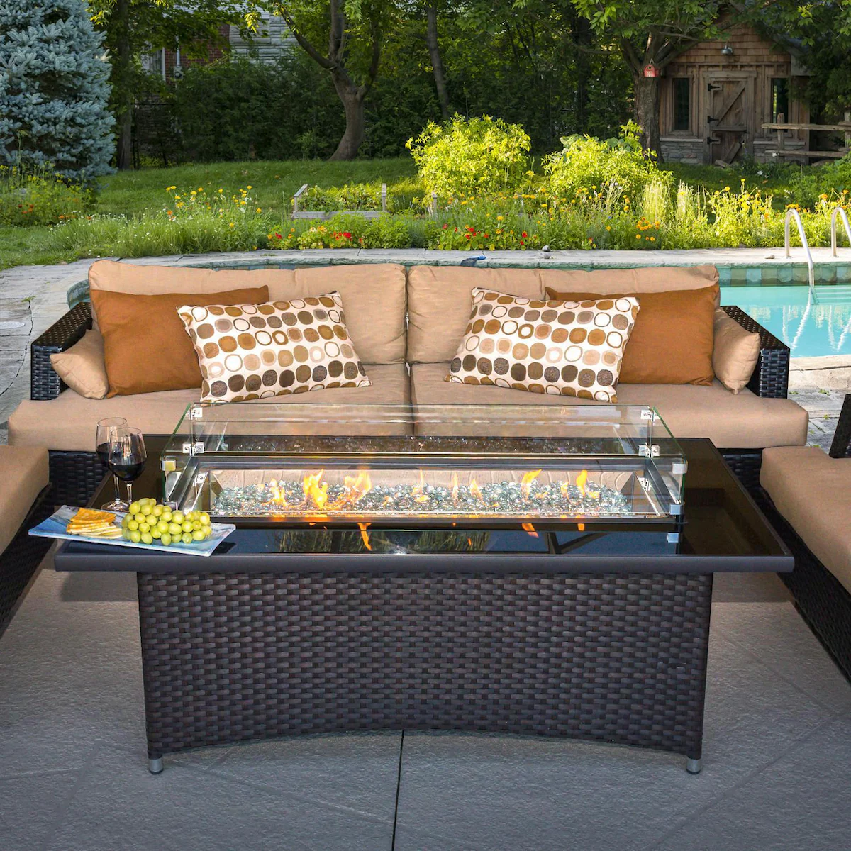 Laneville 60 Inch Rectangular Wicker Propane Fire Pit Table in