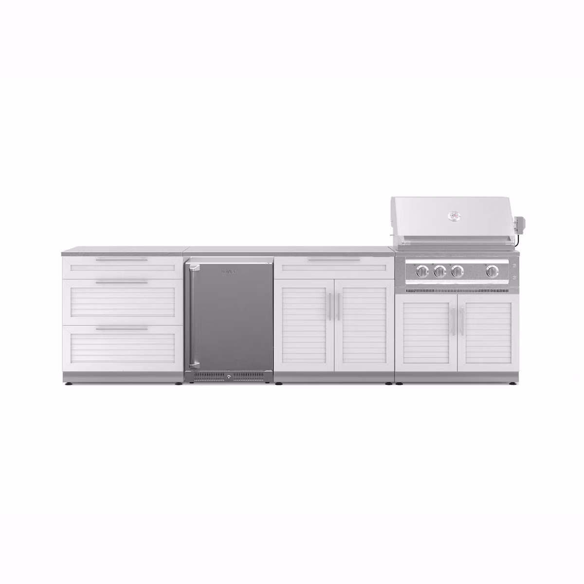 NewAge Products Classic Series 10 Ft Outdoor Kitchen Island w/ 33-in Propane Grill, Refrigerator, Trash Bin, Door & Drawer in White/Stainless Steel