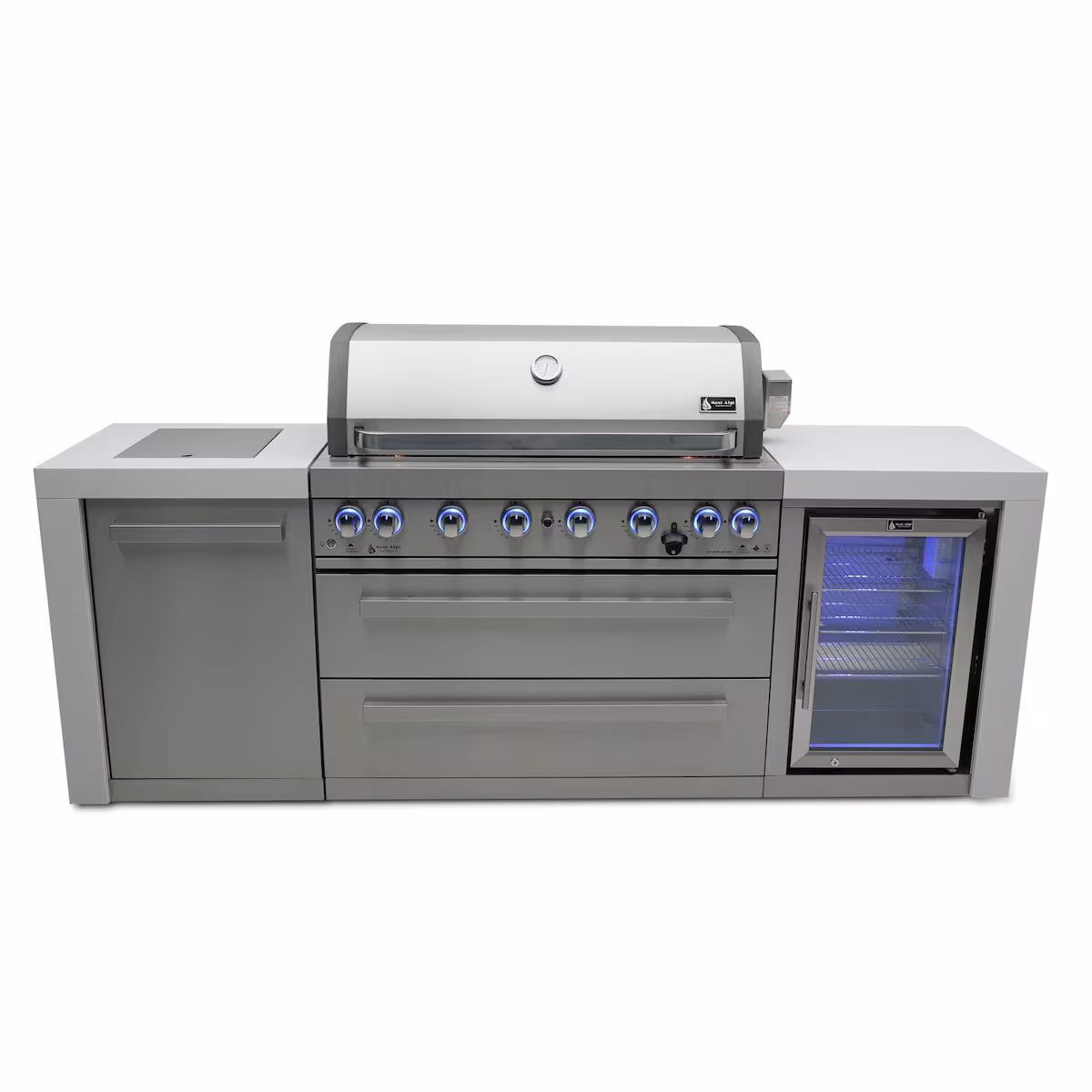 Mont Alpi Deluxe Series 8 Ft Natural Gas Outdoor Kitchen Island w/ Side Burner & Fridge (Ships Propane w/ Conversion Kit)