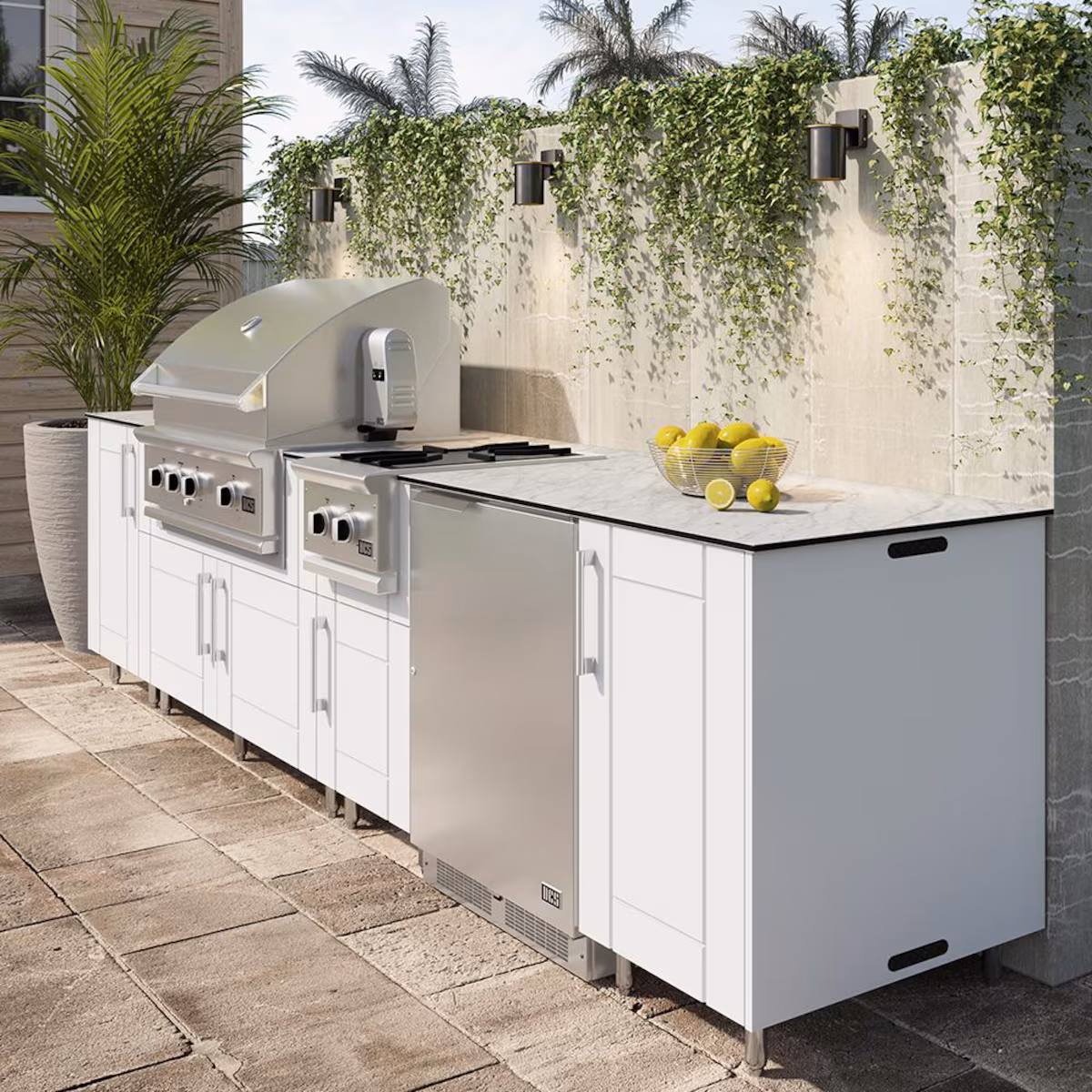 WeatherStrong Nassau 10 1/2 Ft Outdoor Kitchen Island w/ Blaze Propane Grill, Side Burner & Refrigerator in Shell White/Glacier Frost - Image 2