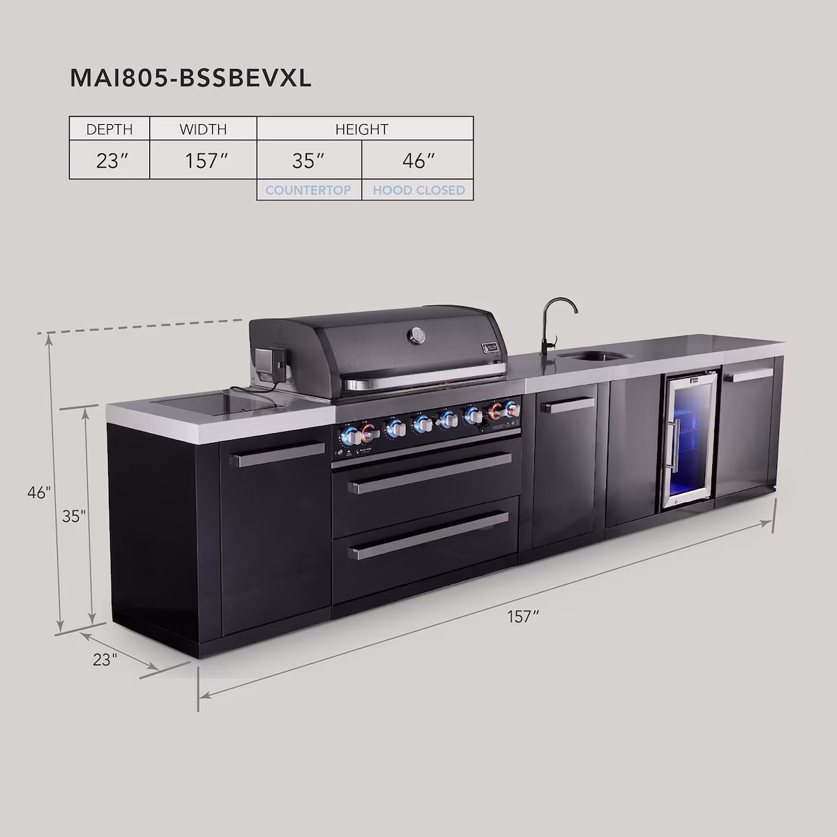Mont Alpi Black Series 13 Ft Propane Outdoor Kitchen Island w/ 44-in Grill, Side Burner, Beverage Center & Extra Door - MAi805-BSSBEVXL - Image 3