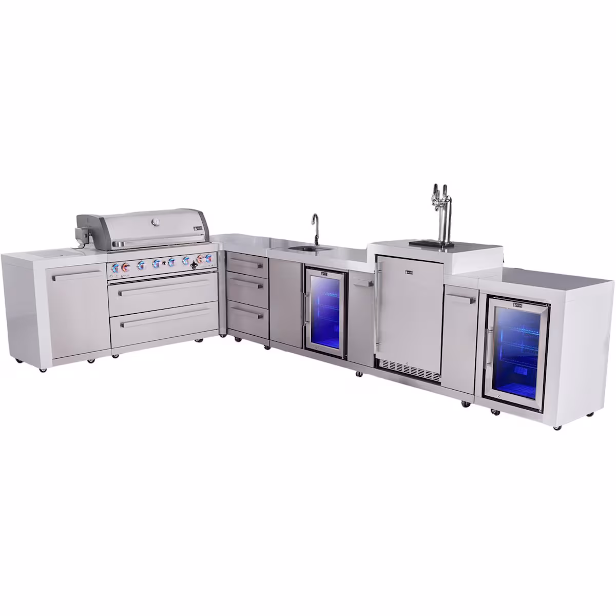 Mont Alpi Deluxe Series 12 Ft Propane Outdoor Kitchen Island w/ 44-in Grill, Side Burner, Beverage Center, Kegerator, Fridge & Triple Drawer - MAi805-D90KEGBEVFCDR