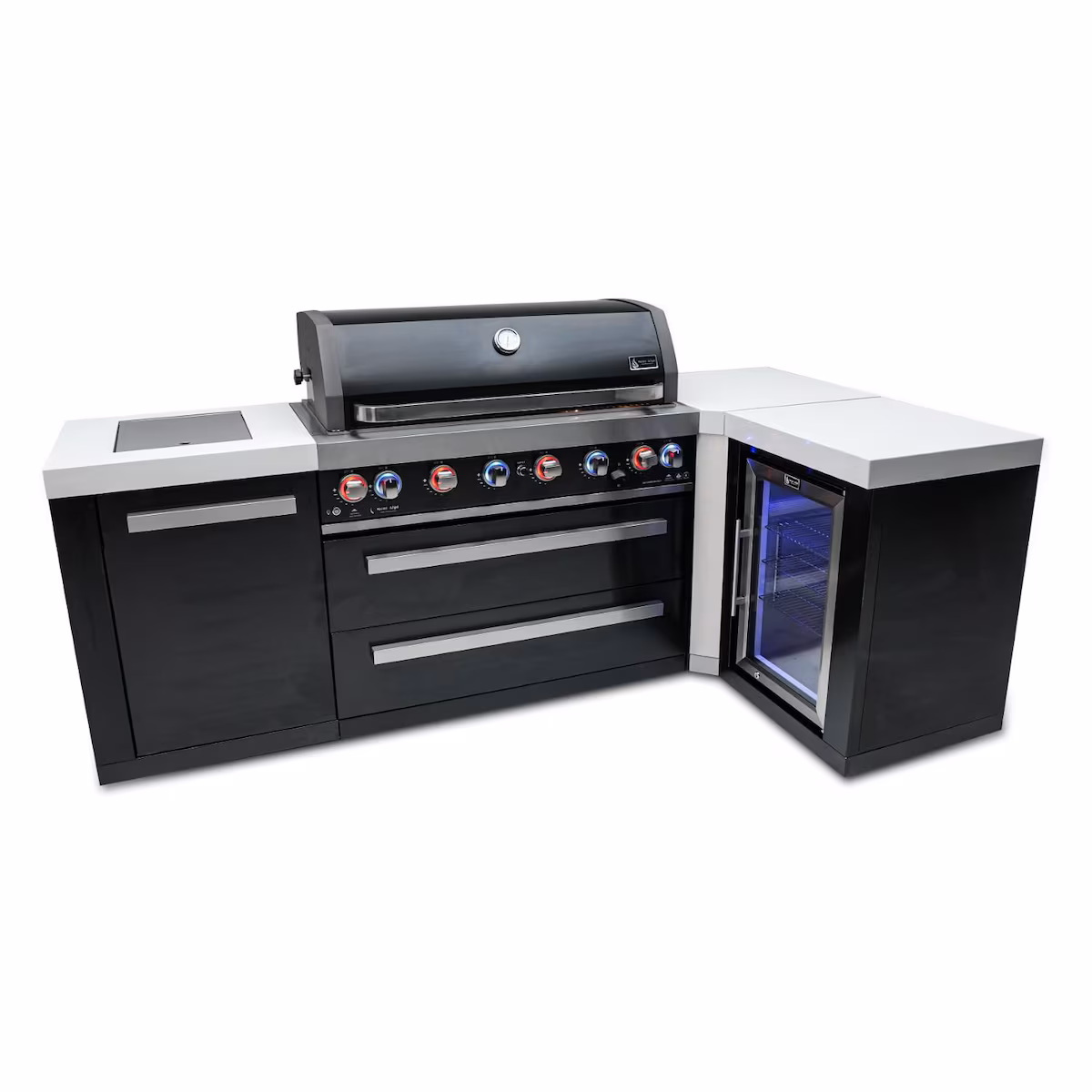 Mont Alpi Black Series 8.5 Ft L-Shaped Propane Outdoor Kitchen Island w/ Side Burner & Fridge - MAi805-BSS90FC