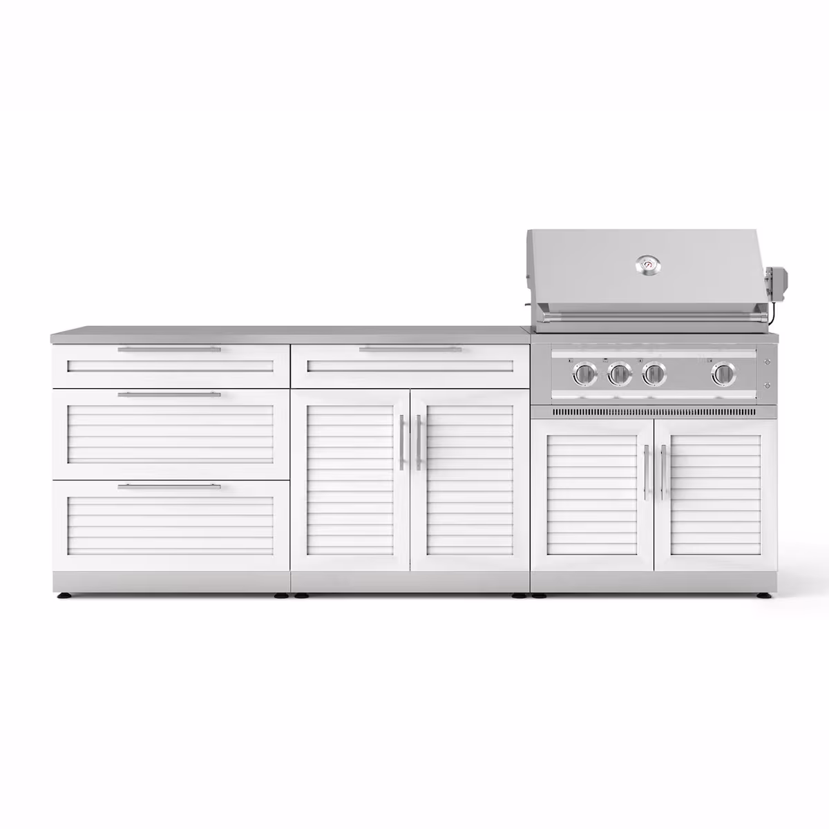 NewAge Products Classic Series 8 Ft Outdoor Kitchen Island w/ 33-in Natural Gas Grill, Trash Bin, Door & Drawer in White/Stainless Steel
