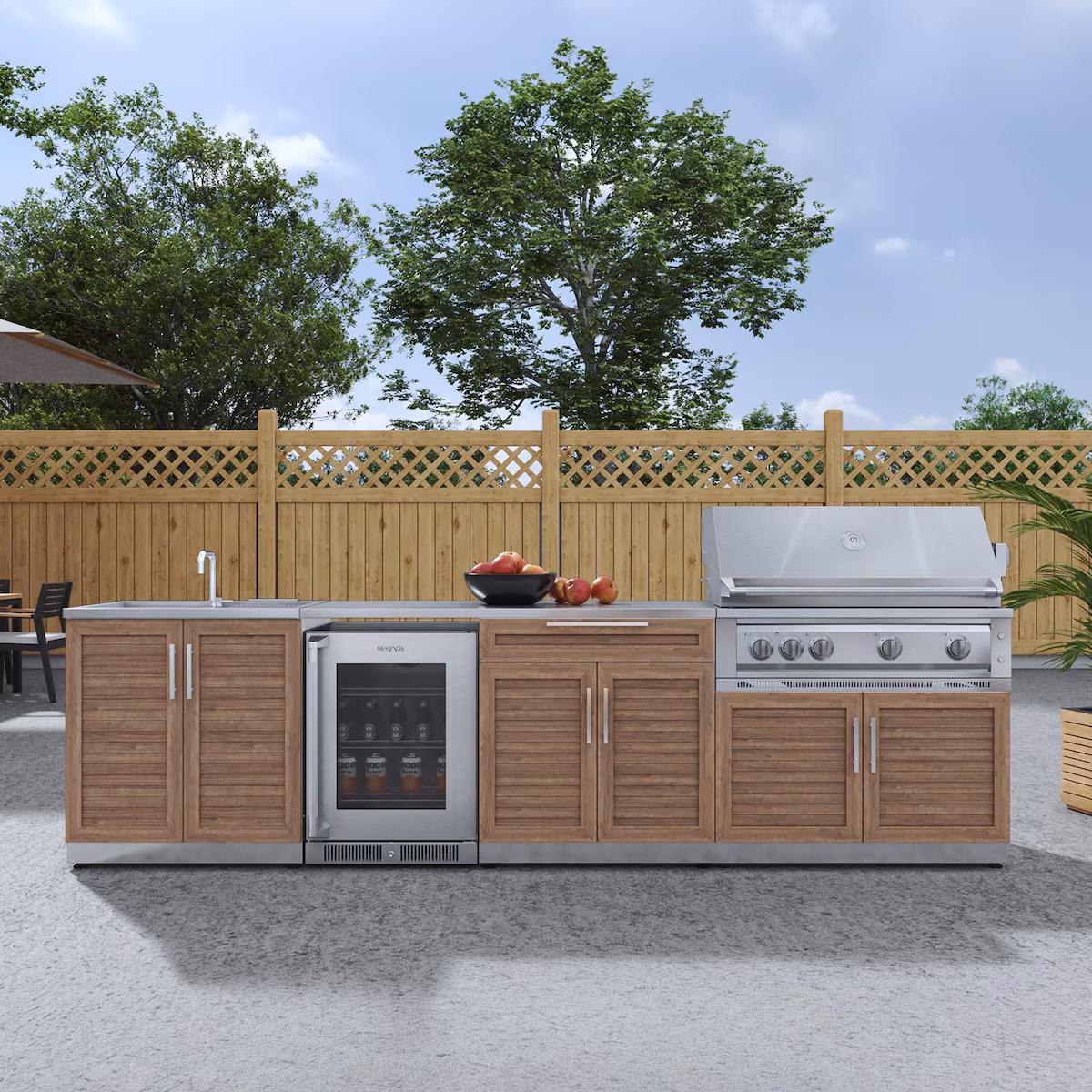 NewAge Products Classic Series 10 1/2 Ft Outdoor Kitchen Island w/ 40-in Natural Gas Grill, Sink, Glass Door Refrigerator, Trash Bin, Door & Drawer in Grove/Stainless Steel