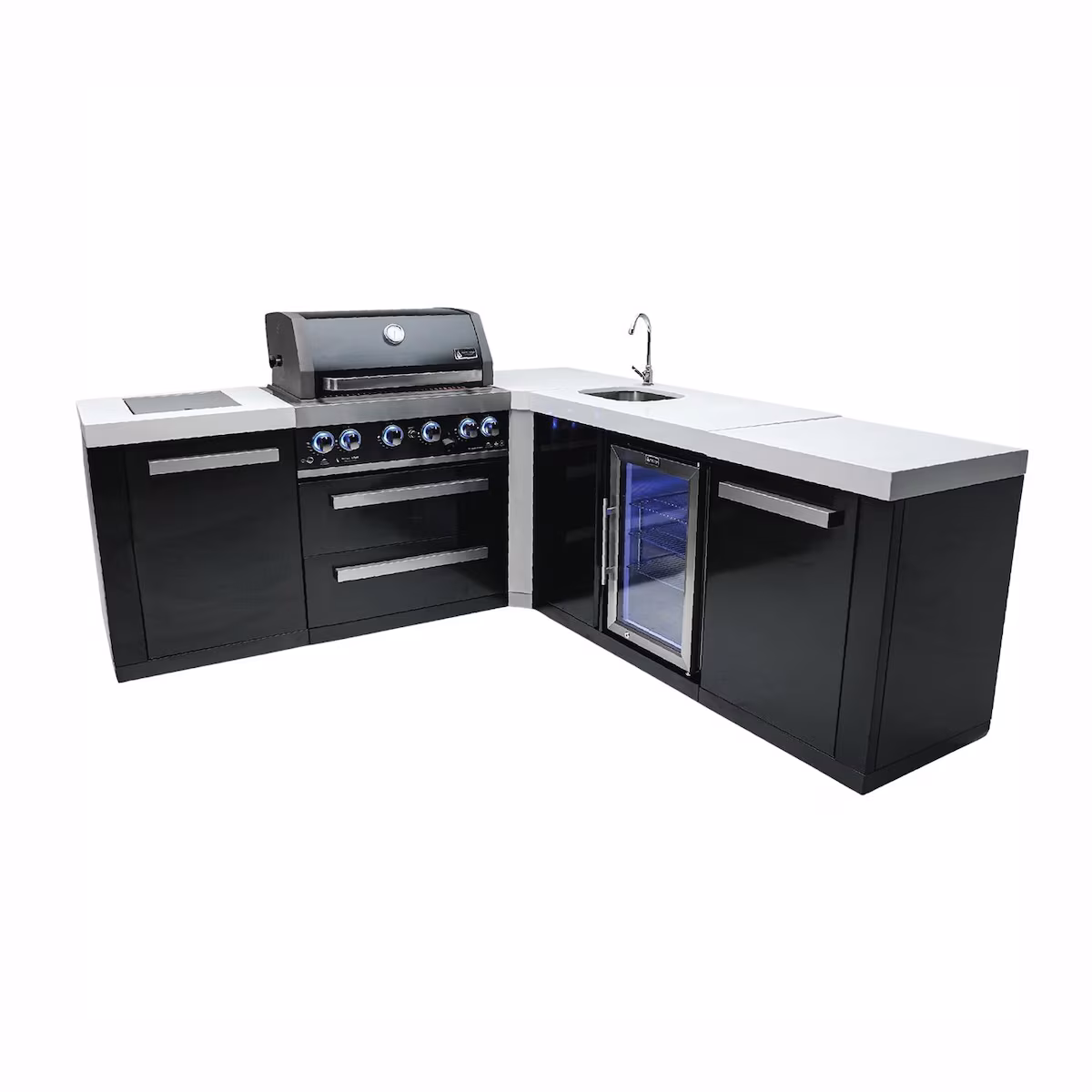 Mont Alpi Black Series 10 1/2 Ft L-Shaped Propane Outdoor Kitchen Island w/ Side Burner & Beverage Center